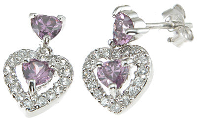 925 sterling silver rhodium finish simulated amethyst heart fashion earrings