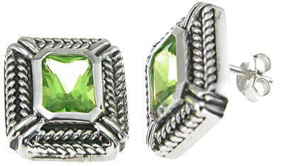 925 sterling silver rhodium finish simulated peridot emerald cut antique style earrings