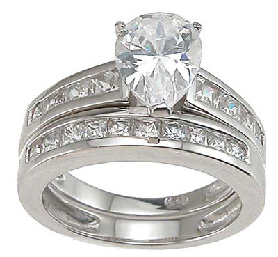 925 sterling silver rhodium finish cz pear shape wedding set ring