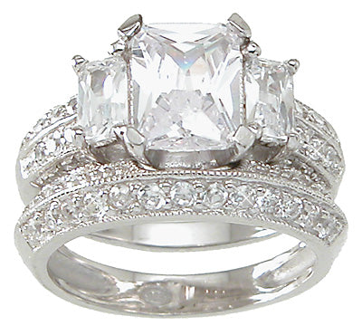 925 sterling silver rhodium finish cz emerald cut three stone engagement set ring